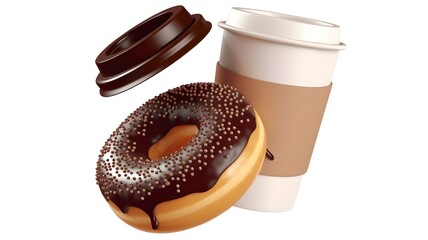 A chocolate donut with sprinkles near a coffee cup and a floating lid on a white background