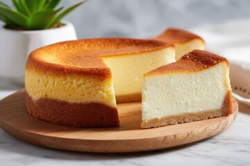 Classic Baked Cheesecake with Golden Crust on Wooden Board