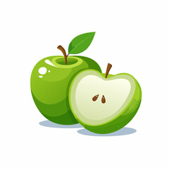 A vibrant green apple whole and one half sliced open revealing its juicy interior and seeds on a white background