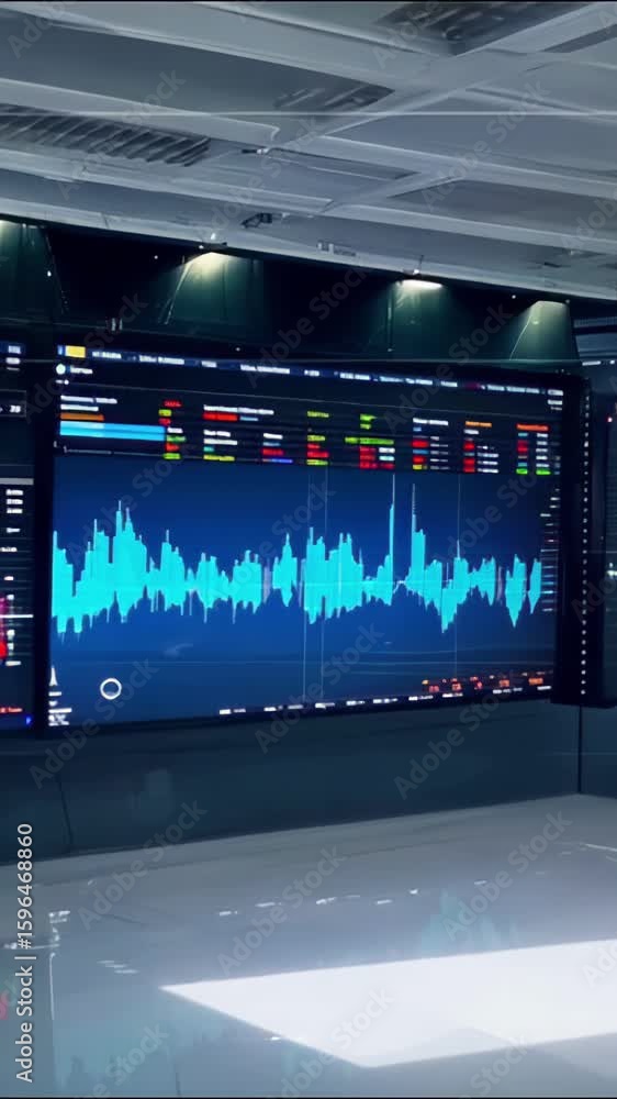 Poster futuristic digital dashboard with data graphs on large screen, concept of technology, finance, stock