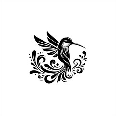 Elegant Black Hummingbird with Swirling Floral Design.