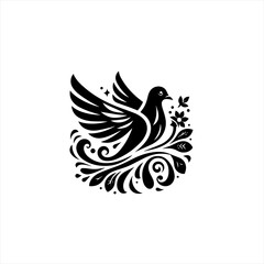 Fototapeta premium Elegant Black Silhouette of a Dove with Floral Embellishments.