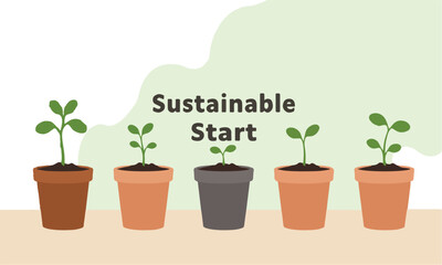 Flat illustration of sprouting plants in pots, suitable for eco campaigns, education, posters, and sustainability content