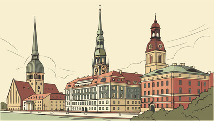 Riga cityscape art print featuring st peter's church and riga dome cathedral architecture and city buildings