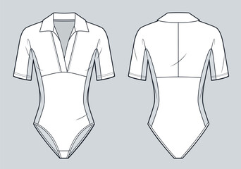 Bodysuit with collar and deep V-neck technical fashion sketch. Short Sleeve Bodysuit fashion flat technical drawing template, slim fit, front and back view, two tone, women, men, unisex CAD mockup.