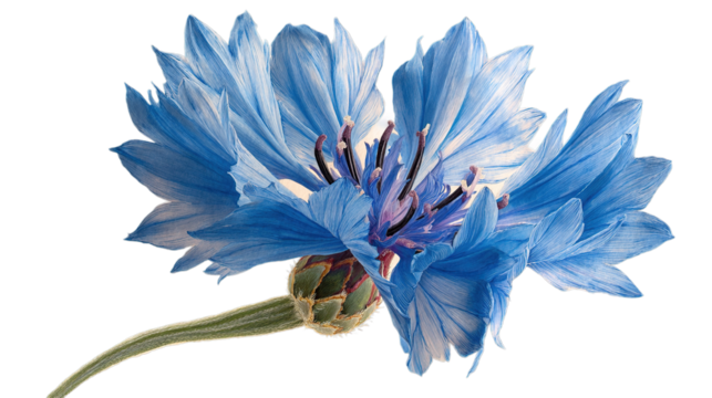 Closeup of a single blue cornflower isolated on white background in studio shot
