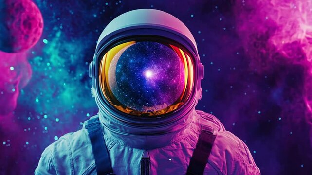 Astronaut in a vibrant cosmic scene, surrounded by colorful nebulae and distant planets