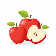 Vibrant illustration of two whole red apples and one apple cut in half showcasing seeds and flesh, adorned with green leaves and stems on a clean white background
