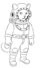 Cat in diving suit black and white vector illustration