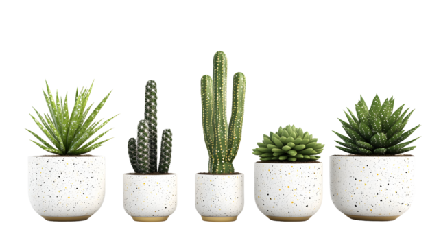 Assorted cacti and succulents in white speckled pots on black background