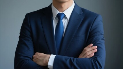 Man in a navy blue suit with arms crossed, standing against a neutral background.