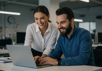 Fototapeta premium Two smiling colleagues collaborating over a laptop in an office