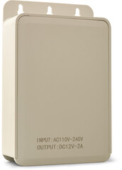 rectangular power supply unit for cctv camera isolated white background, AC to DC converter for powering security cameras and surveillance equipment, mock-up template
