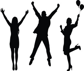 Fototapeta premium Silhouettes of People Jumping and Celebrating with Raised Hands and Balloons