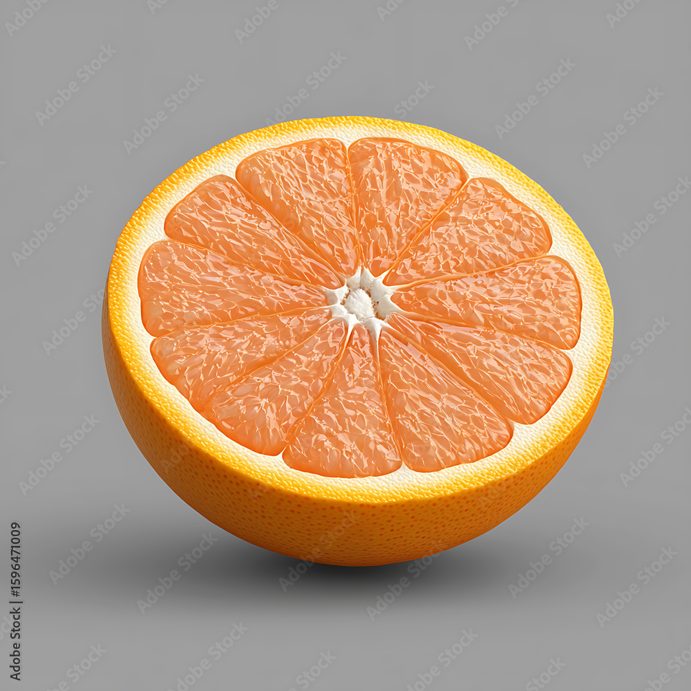 Poster cut grapefruit half with visible juicy pulp and white core resting on neutral gray surface with soft