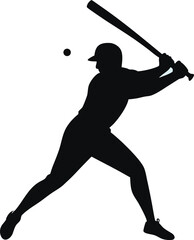
"Silhouette of a batter swinging a bat high, both feet off the ground, powerful motion."

