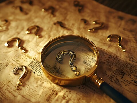 Magnifying glass over question marks on an old map