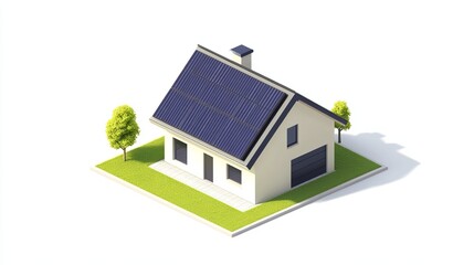 Isometric illustration of a single-family home equipped with solar panels, set against a white backdrop