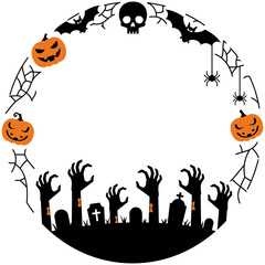 Spooky Halloween Frame with Zombie Hands, Pumpkins, Skeleton and Bats