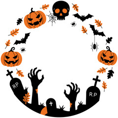 Spooky Halloween Frame with Zombie Hands, Pumpkins, Skeleton and Bats