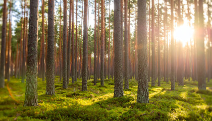Obraz premium Golden sunlight filtering through dense forest trees.