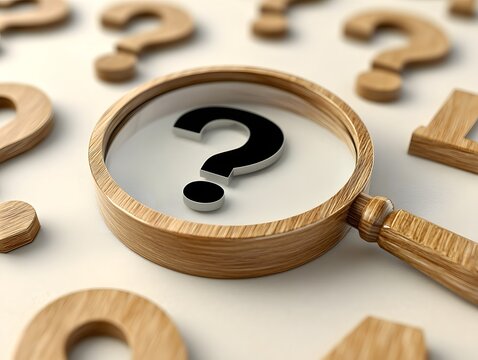 Focus on the Question: Wooden Magnifying Glass Over 3D Question Marks