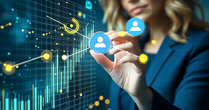 Woman touching virtual screen with a data analysis diagram background in blue suit and a dark background - Powered by Adobe