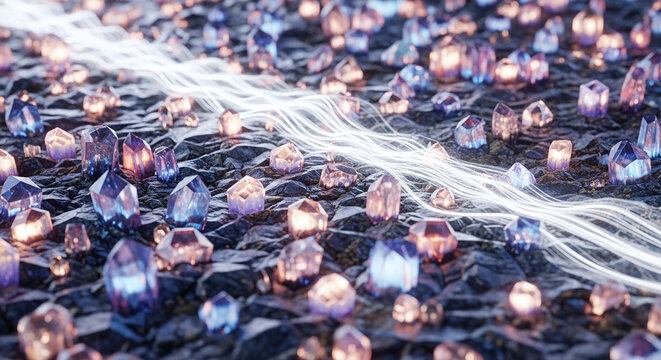 Luminous Purple and Blue Crystals Scattered on Dark Rock.