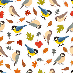 Seamless autumn pattern with colorful birds and fall leaves on a white background. Includes great tits and sparrows among red, orange, green, and brown leaves. Cheerful and nature-inspired design. © Anna