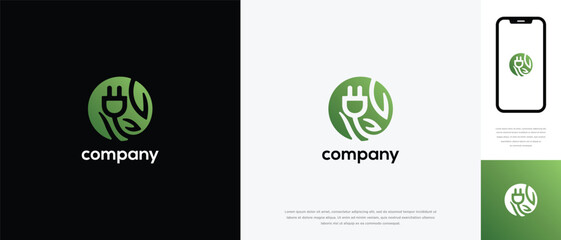 Natural leaf electrical plug logo design. Natural leaf logo icon with electrical plug