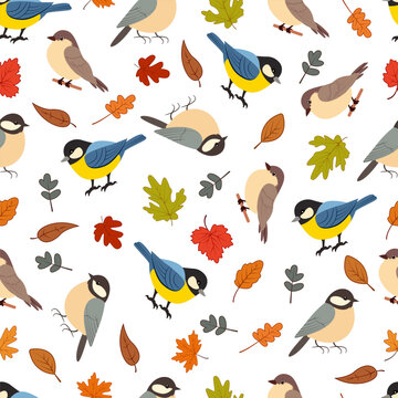 Seamless autumn pattern with colorful birds and fall leaves on a white background. Includes great tits and sparrows among red, orange, green, and brown leaves. Cheerful and nature-inspired design.