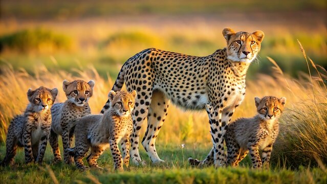 A cheetah mother with her cubs in the savanna
