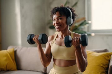 Black woman exercising with dumbbells, wearing headphones, smiling while performing bicep curls in cozy indoor setting. atmosphere is energetic and uplifting