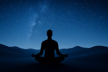Silhouette of man meditating in lotus pose on sand dunes at night under starlit sky. Peaceful mindfulness moment, cosmic spiritual connection, desert yoga stillness, starry night meditation calm scene