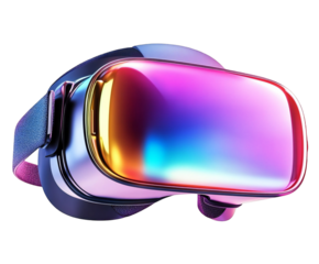 Futuristic VR headset with iridescent visor reflecting vibrant colors displayed prominently on a transparent background
