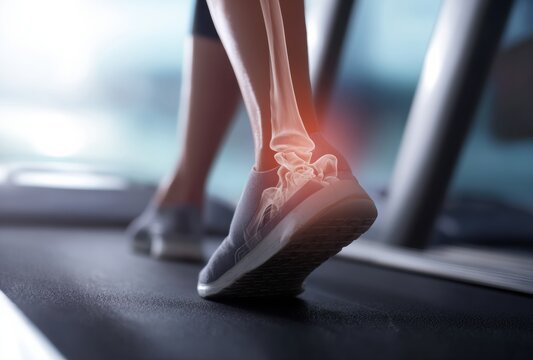 Anatomical illustration of ankle in motion on treadmill, showcasing structure and function of joint during exercise. This highlights importance of ankle health and biomechanics