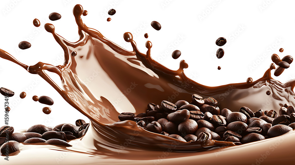 Poster coffee beans are splashing into a brown liquid resembling chocolate on a white background, with some