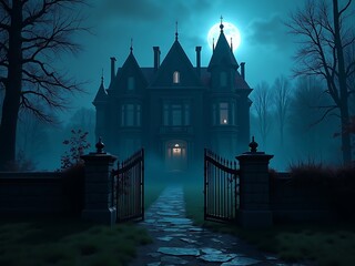 Eerie Victorian Mansion with Lantern-Lit Gate and Misty Forest Surroundings