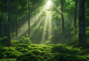 Obraz premium Lush dense forest with tall green trees and thick undergrowth, creating a serene and natural wilderness landscape in daylight
