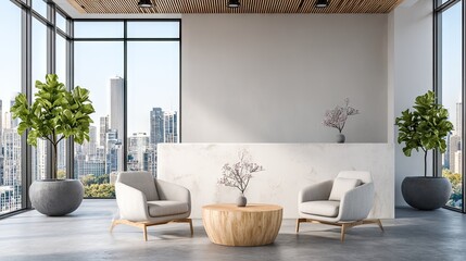 Modern, minimalist city view waiting area.