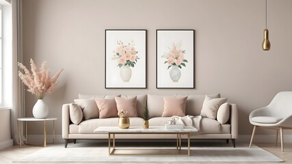 Mockup poster in hipster living room interior. Interior design of modern apartment with large shelf, rafter ceiling and comfortable furniture, 3d render stock photo