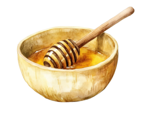 Watercolor drawing of honey in wooden bowl with dipper, sweet and natural product on transparent background