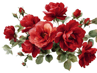 Lush bouquet of watercolor red roses with elegant green leaves decoration on transparent background