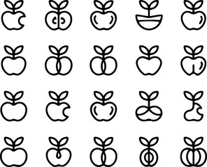 Apple Icon Set: Modern Line Art Graphics, Whole, Sliced, and Growing Stages, Clean Minimalist Style.
