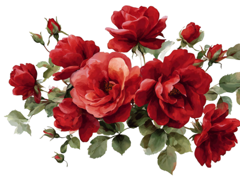 Lush bouquet of watercolor red roses with elegant green leaves decoration on transparent background