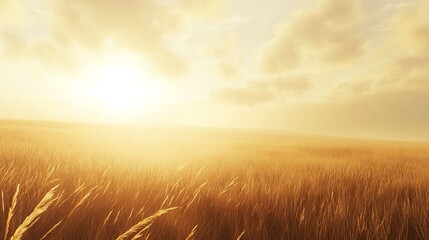 Fototapeta premium Golden hour illuminates a vast, tranquil field of tall grasses under a partly cloudy sunset sky