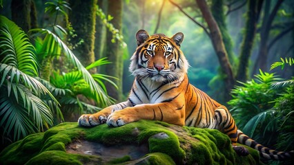 A tiger rests on a mosscovered rock in a lush jungle setting