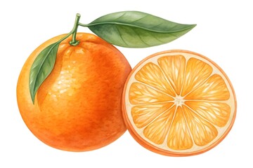 A whole orange and a slice with leaves