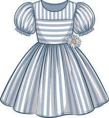 Charming Striped Children's Dress with Puffy Sleeves and Daisy Embellishment, Perfect for Summer Outings and Playtime, Adorable Kids Fashion Apparel