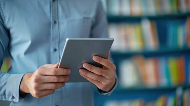 Man using tablet in a library